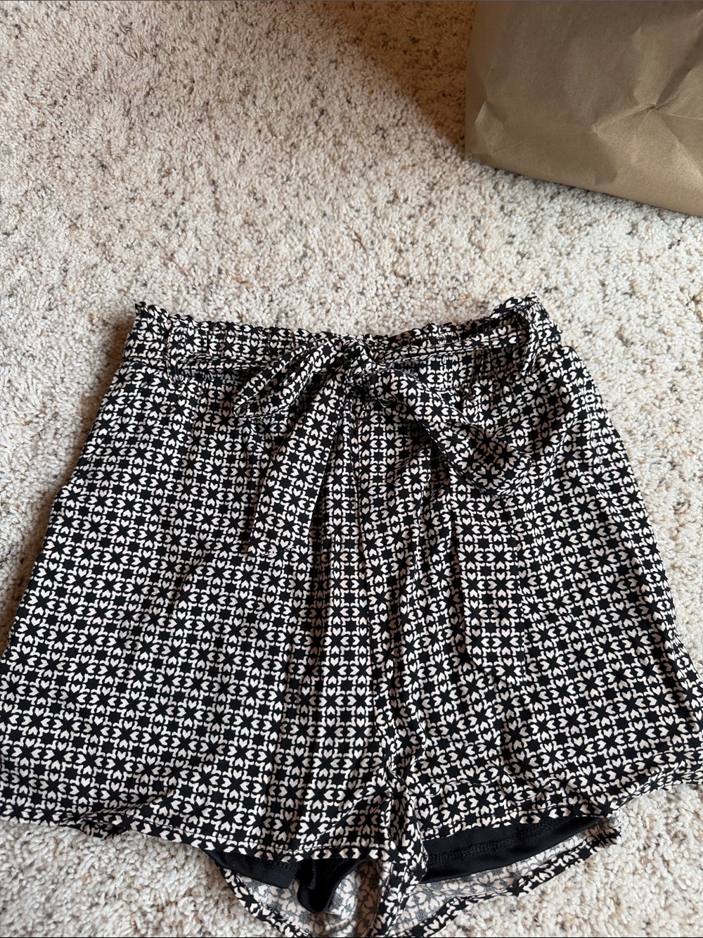 miami Black and White Geometric High-Waist Shorts with Waist Tie